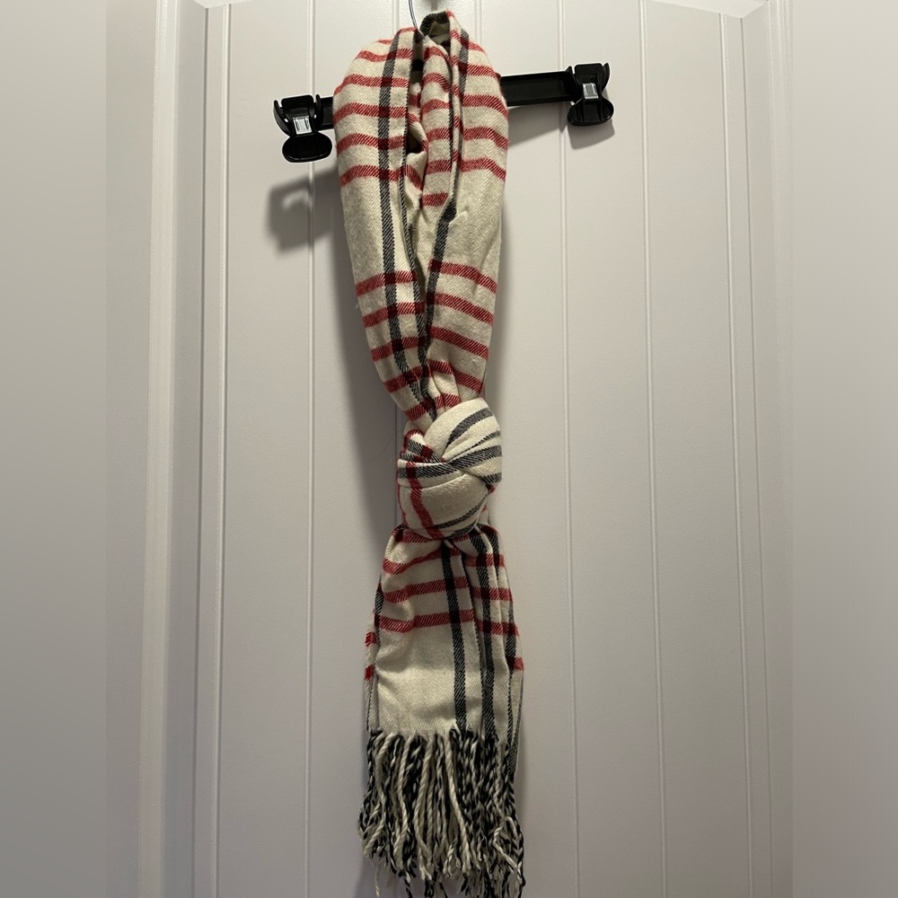 Plaid white, red, black fringe tie scarf